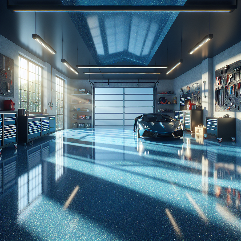 A spacious garage with glossy epoxy flooring in blue and silver, featuring tools and a parked car.