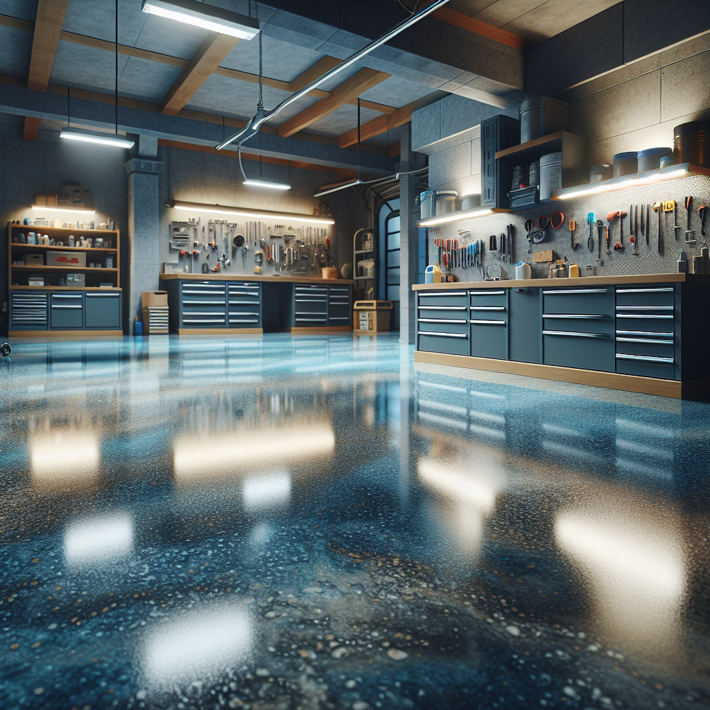 A modern epoxy floor in a garage with tools visible, emphasizing its glossy finish and seamless design.