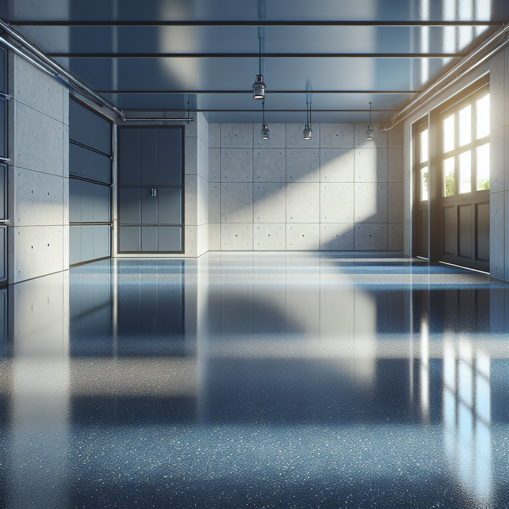 A modern epoxy floor in a garage with a glossy blue and silver finish.