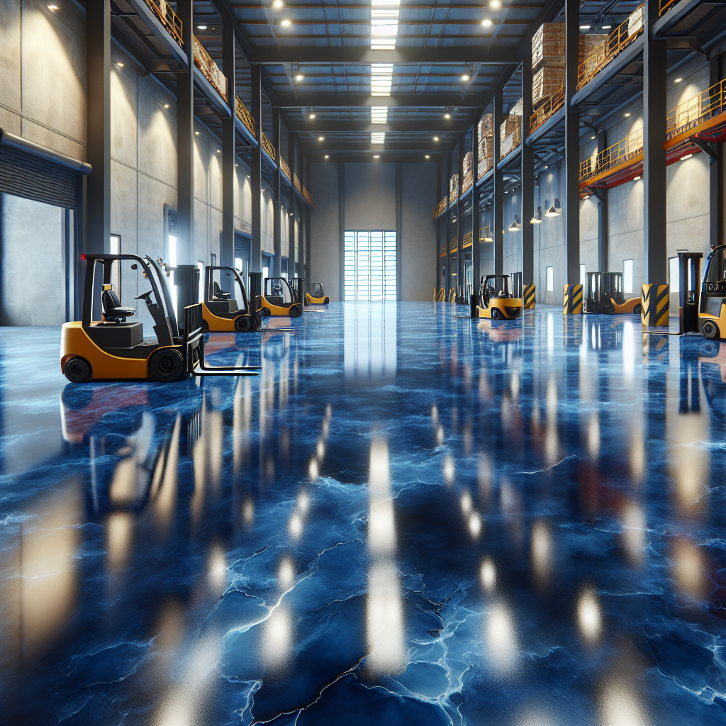 A realistic image of glossy blue epoxy flooring in a commercial setting with heavy machinery in the background.