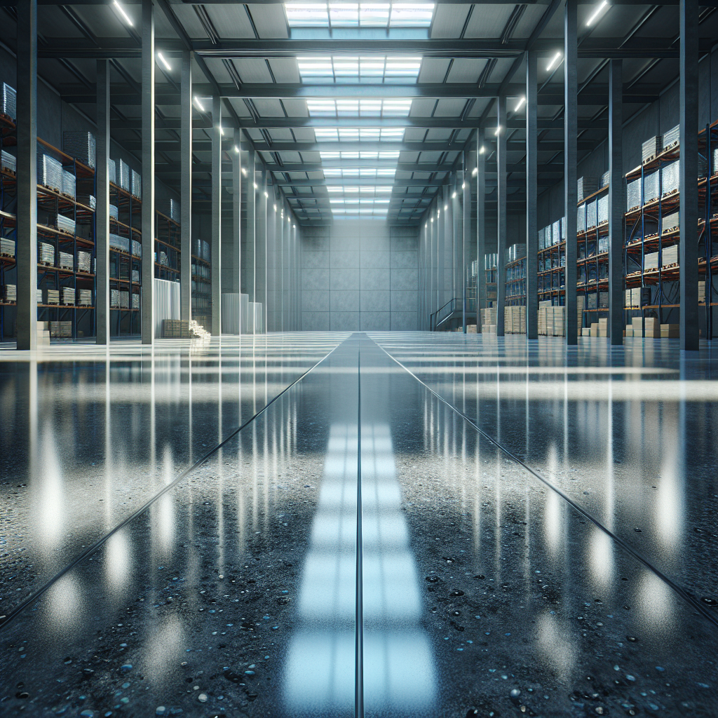 A polished epoxy flooring surface in a warehouse environment.