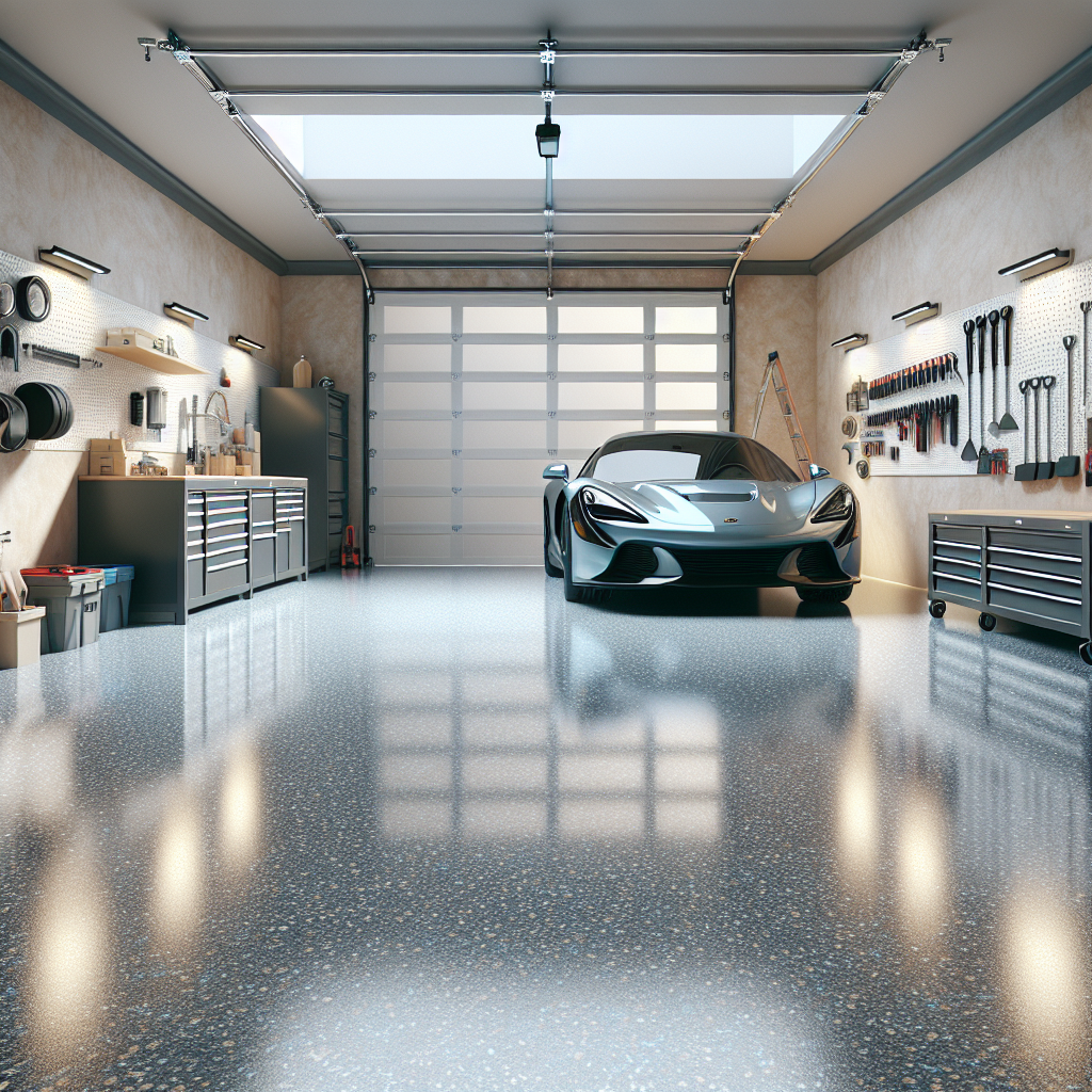 A modern garage with a shiny epoxy-coated floor, tools organized on the wall, and a car parked inside.