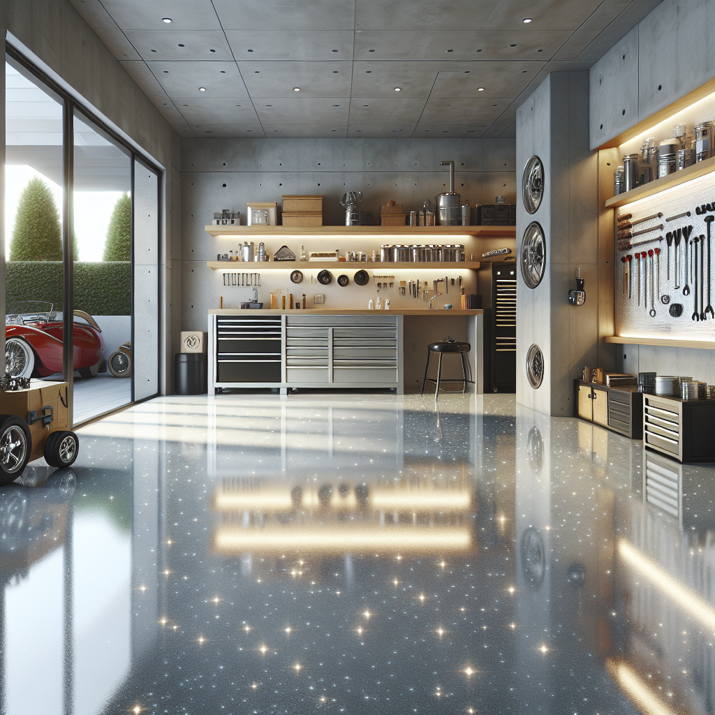 A modern garage with a shiny epoxy-coated floor, reflecting light and showcasing tools in a neat arrangement.