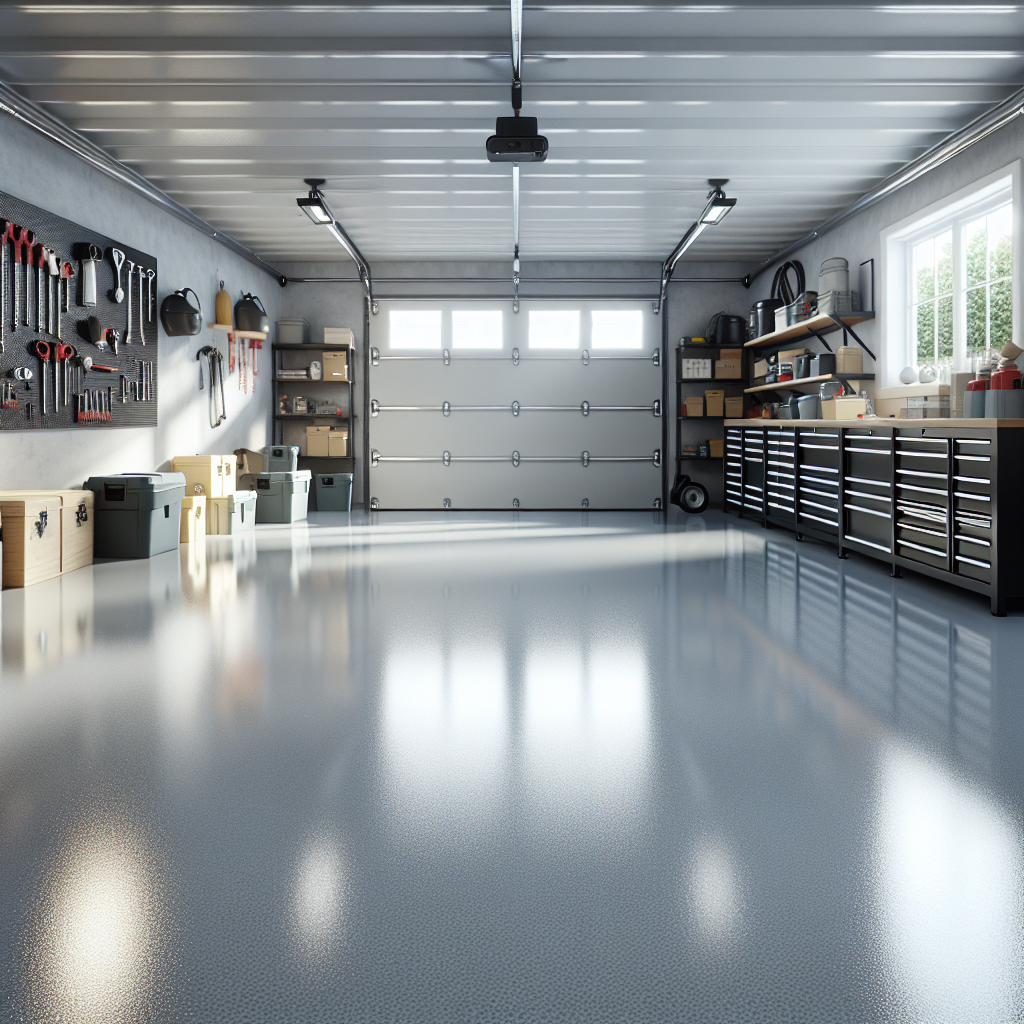 A spacious garage with a shiny light gray epoxy floor and organized tools.