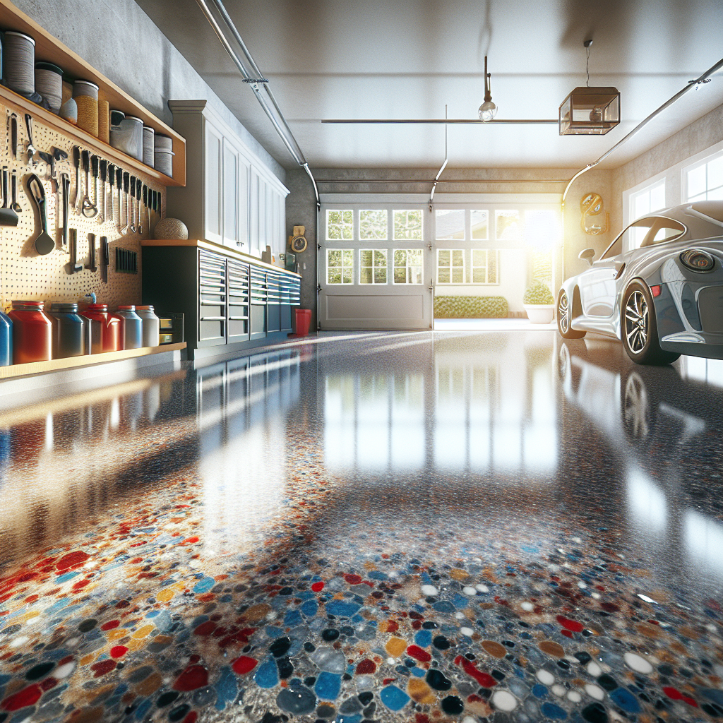 A garage with a glossy epoxy-coated floor showcasing vibrant colors and a clean, organized environment.