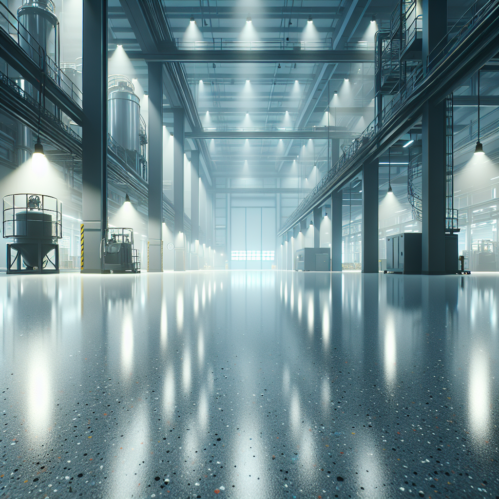 A epoxy-coated floor in an industrial setting reflecting overhead lights.