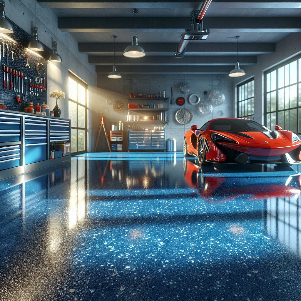 A modern garage floor with blue epoxy coating and a red sports car.