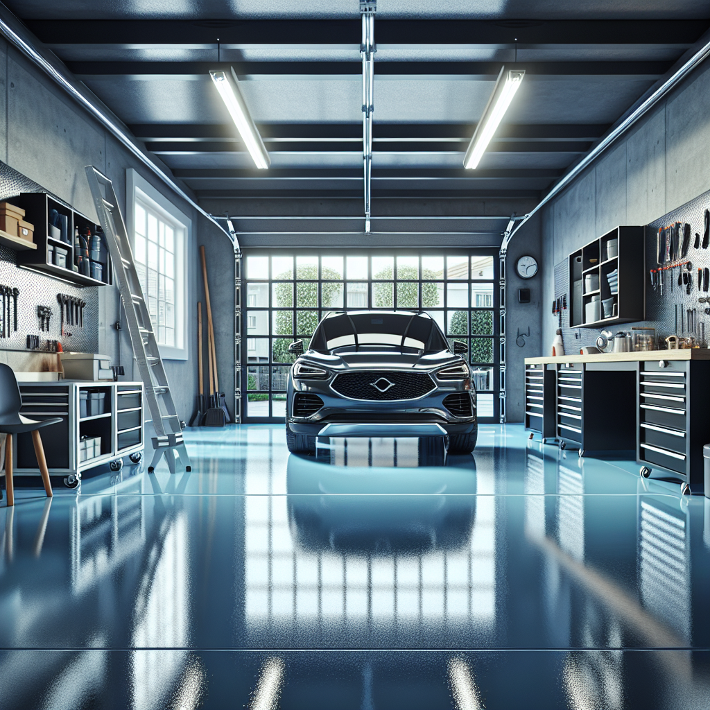 A modern garage with a shiny epoxy floor, organized tools, and a parked car.