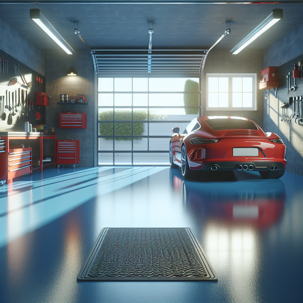 A modern garage with a glossy blue epoxy floor and a red car parked.