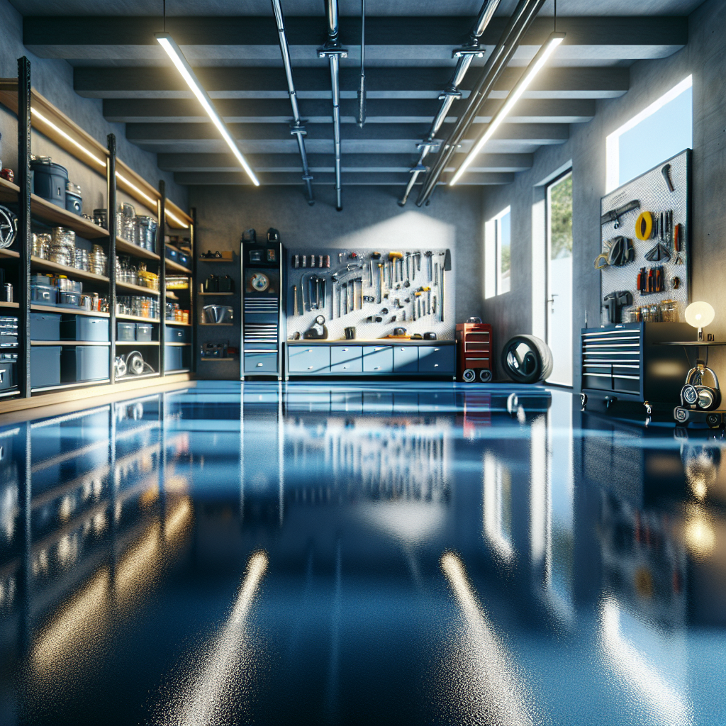 A modern garage featuring a shiny epoxy floor with tools and equipment in the background.