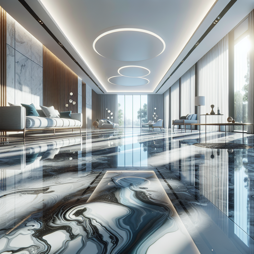 A glossy epoxy-coated floor in a modern living room.