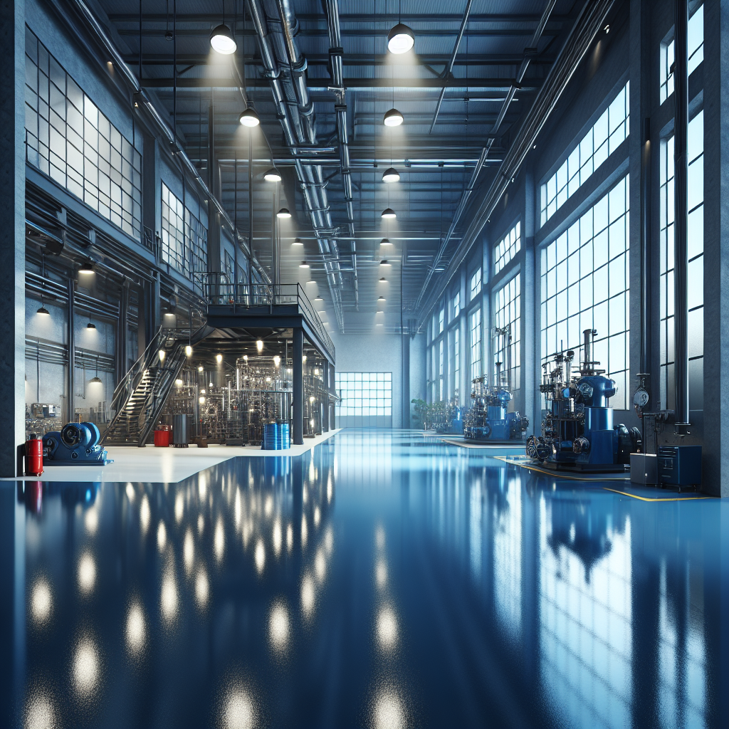 An industrial space with a glossy blue epoxy floor and heavy machinery.