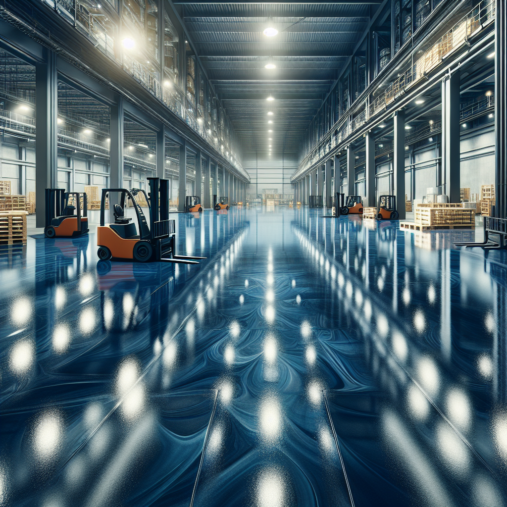 A polished blue epoxy-coated floor in an industrial environment.