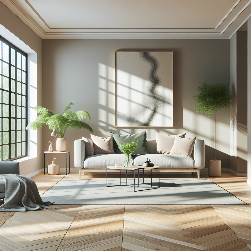 A cozy room showcasing Pal Flooring with light oak wood planks and contemporary furniture.