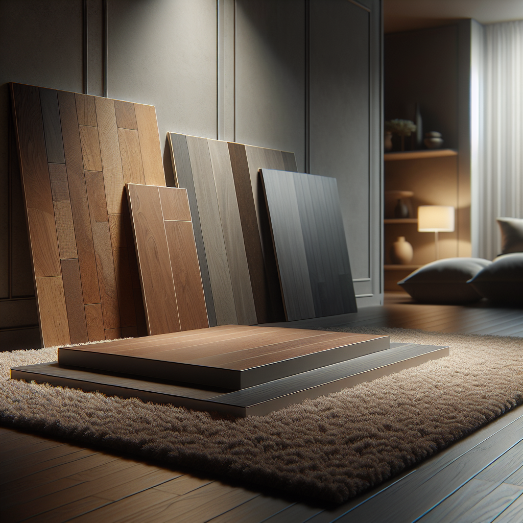 Various types of Pal Flooring samples including wooden, laminate, and carpet swatches.