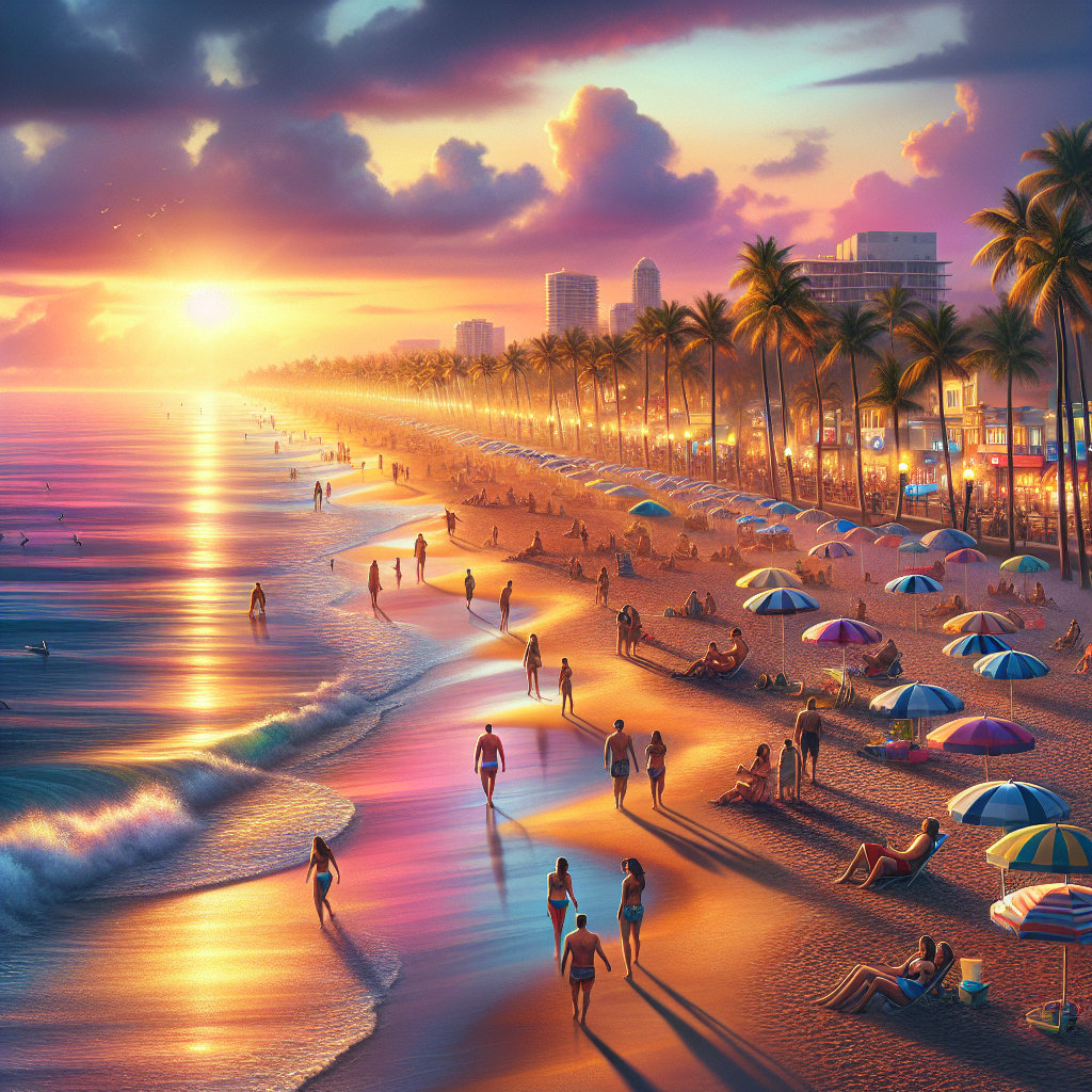 A beautiful sunset view of Fort Lauderdale beach with sand, umbrellas, and palm trees.