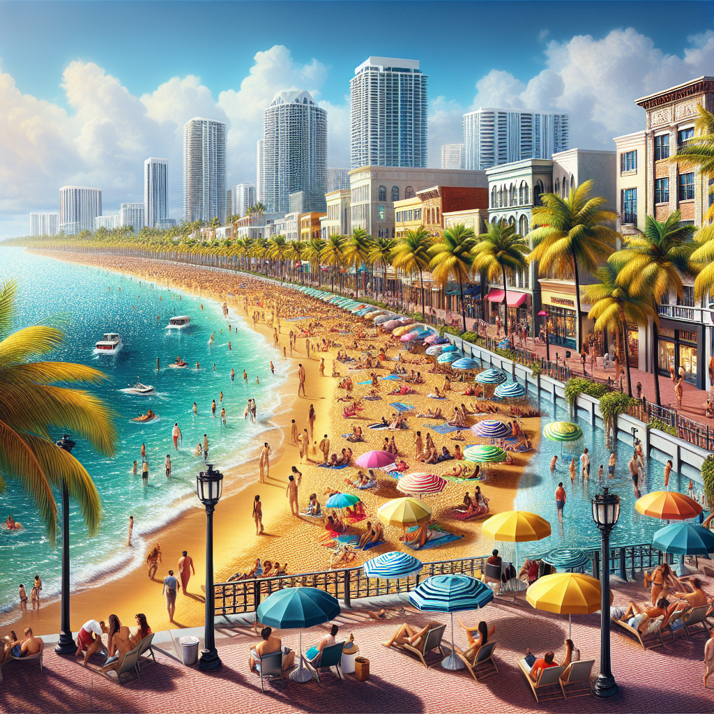 A vibrant beach scene in Fort Lauderdale with palm trees, people lounging, and Las Olas Boulevard in the background.