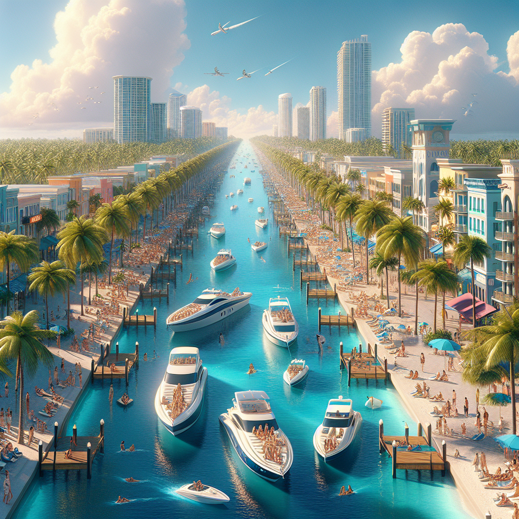 A vibrant scene of Fort Lauderdale with canals, beaches, and palm trees.