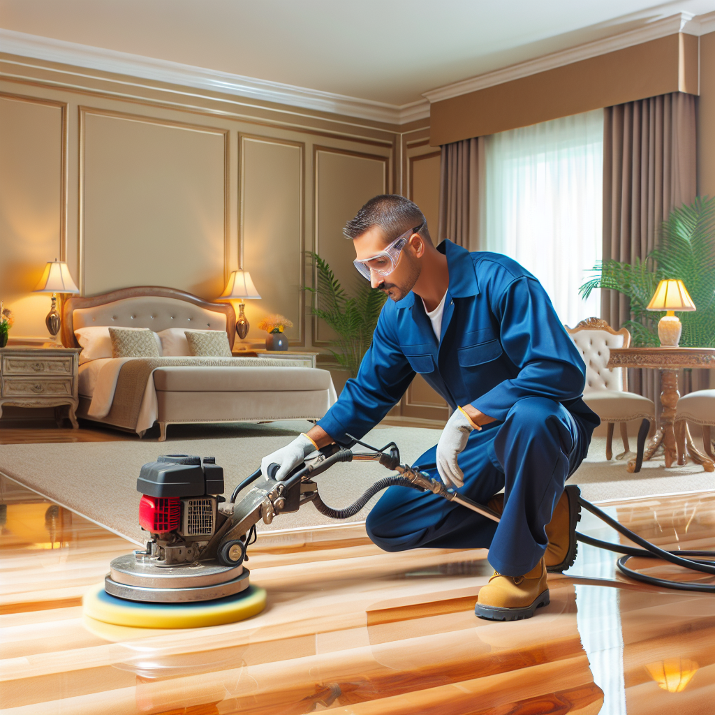 A floor polishing specialist working on a hardwood floor in a bed and breakfast setting.