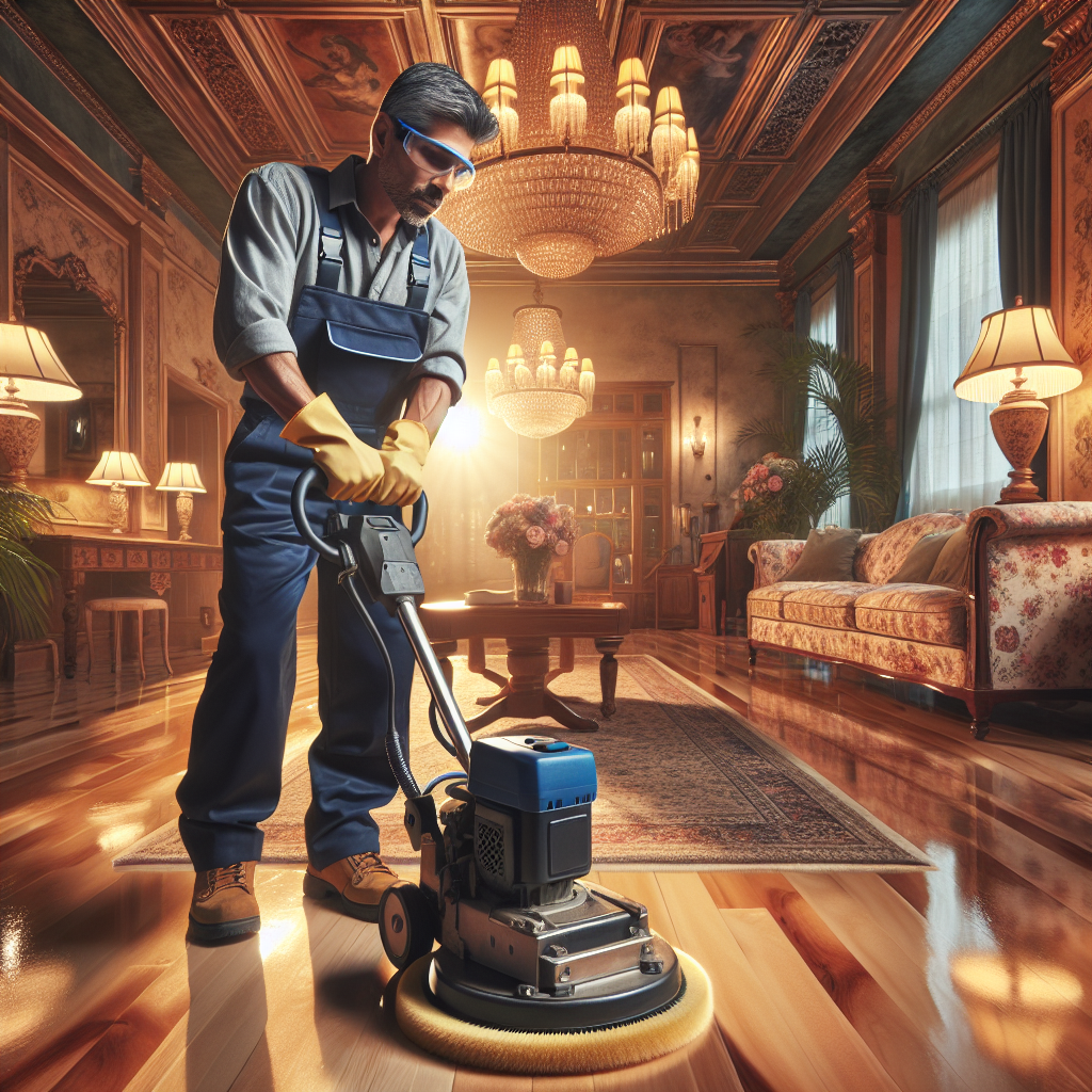 A floor polishing specialist working inside a bed and breakfast, showcasing polished hardwood floors and vintage decor.