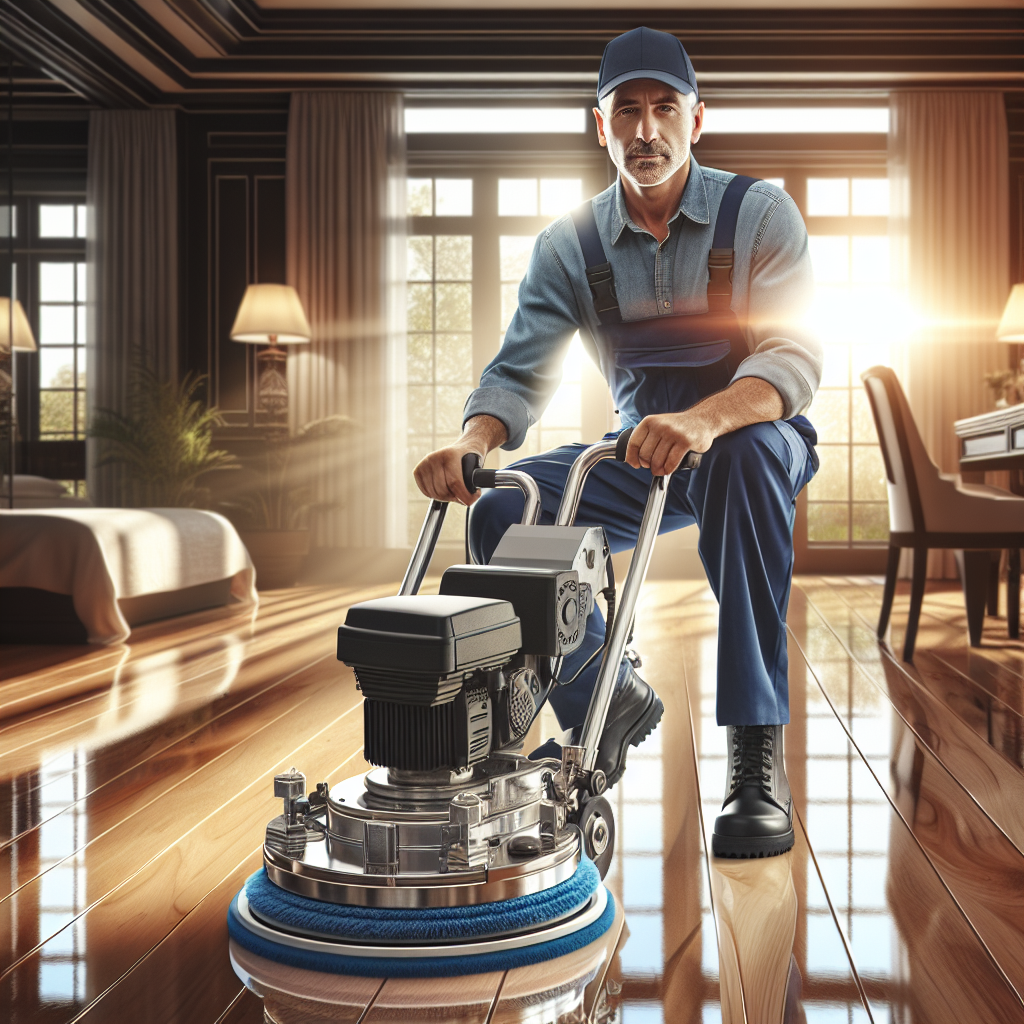 A professional floor polishing service being performed in a bed and breakfast with shiny hardwood floors.