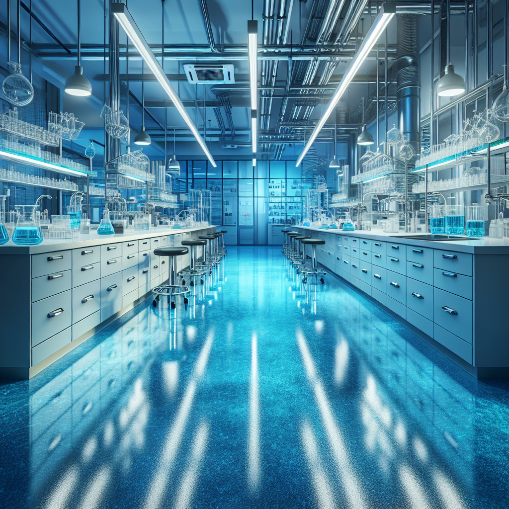 A modern laboratory showcasing blue epoxy flooring, with lab equipment and clean surfaces.