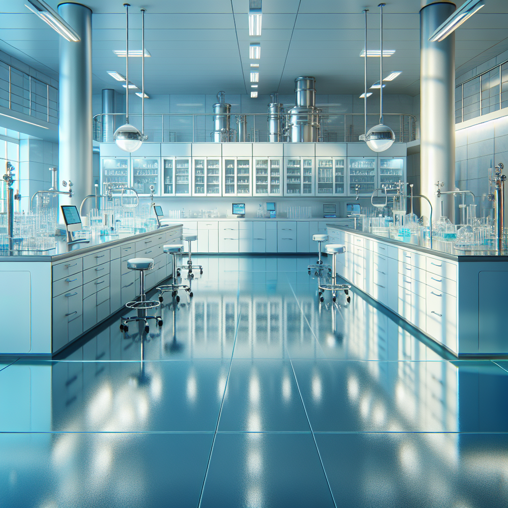 A modern laboratory with shiny epoxy flooring and scientific equipment.