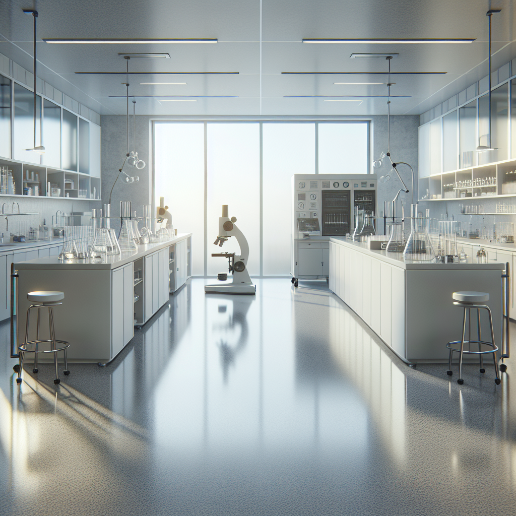 A realistic laboratory interior with shiny epoxy flooring and modern equipment.