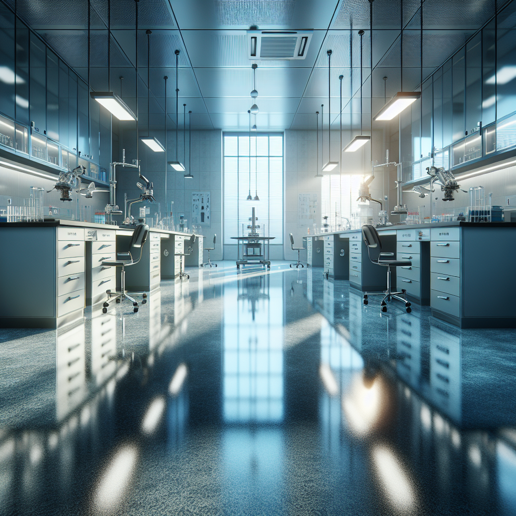 Epoxy flooring in a laboratory with shiny surface and scientific equipment.