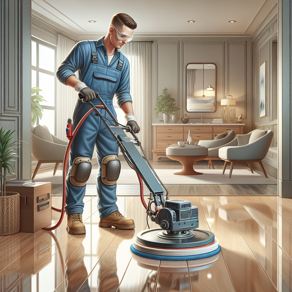 A floor polishing specialist working in a B&B, showcasing a polished hardwood floor.
