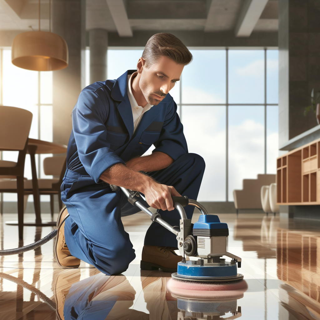 A floor polishing specialist working on different types of shiny floors.