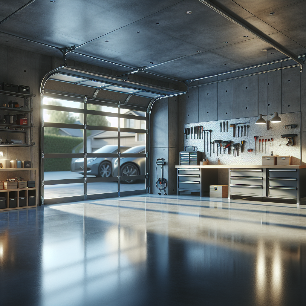 Modern garage interior with a shiny epoxy-coated floor and organized tools.