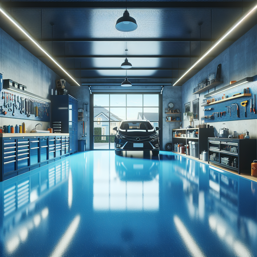 A modern garage with a shiny blue epoxy-coated floor, neatly organized tools, and a parked car.