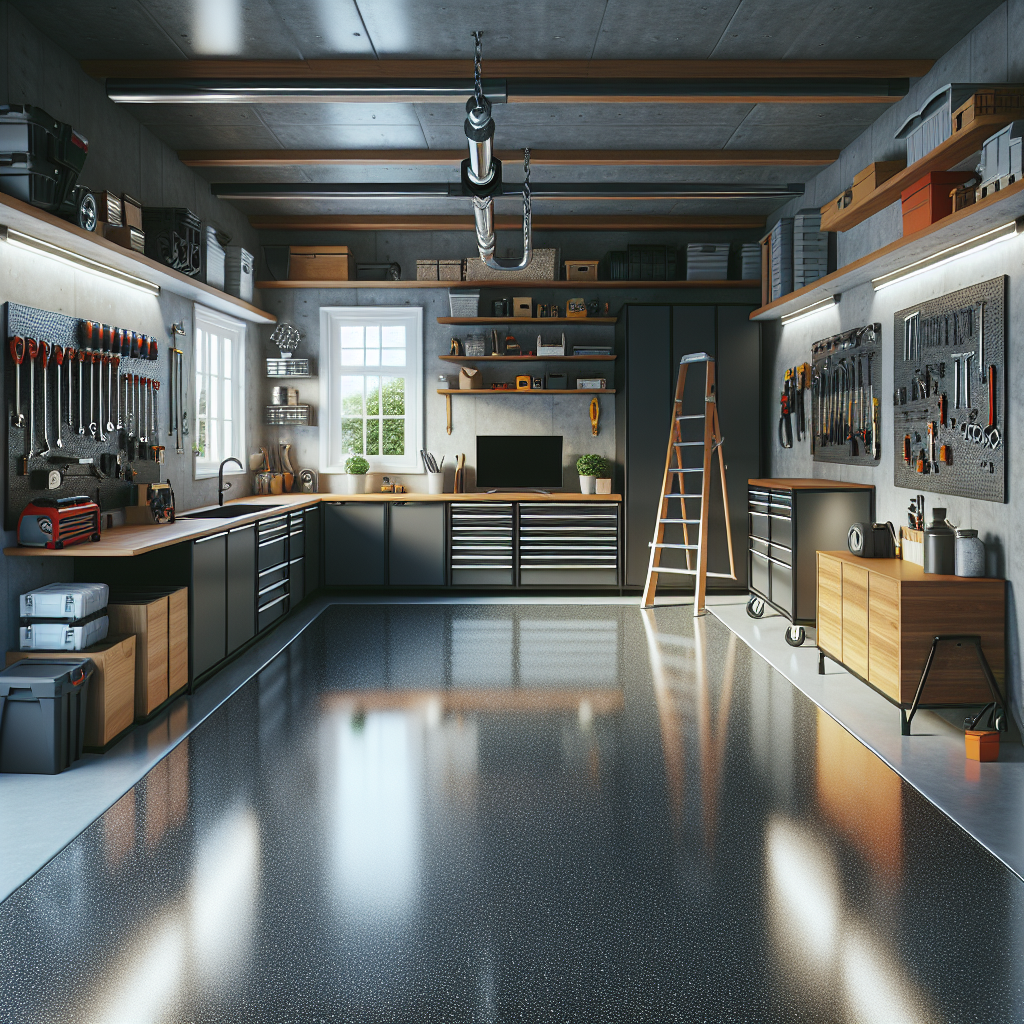A modern garage with a glossy epoxy coated floor and organized tools.