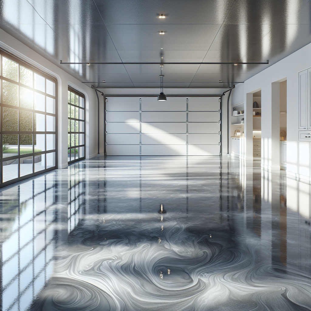 A modern garage featuring a glossy epoxy floor with natural light.
