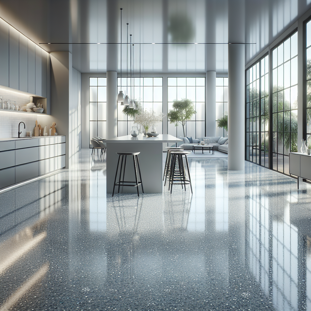 A modern kitchen with a glossy epoxy floor showcasing a light gray color with blue and white flecks.