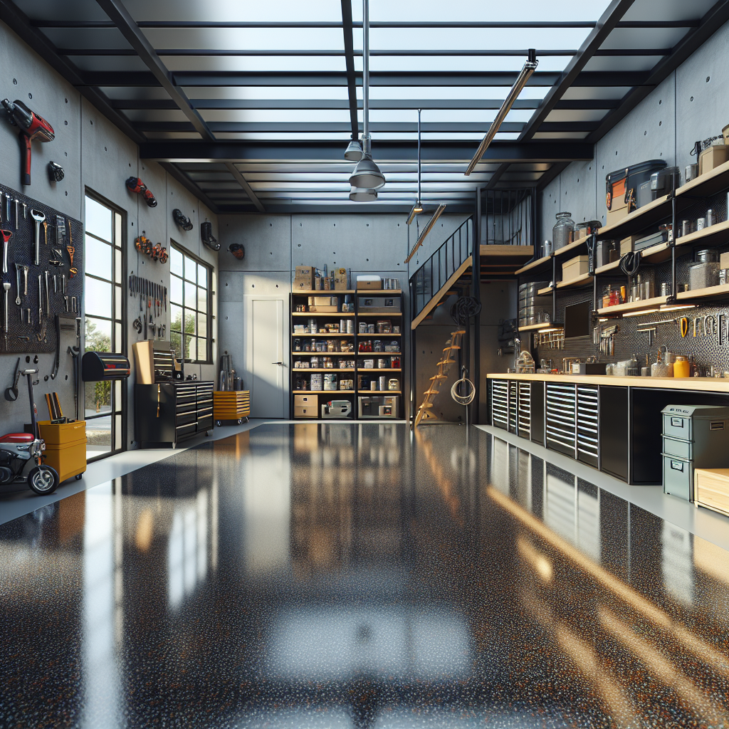 A modern epoxy floor in a garage with tools and shelves.