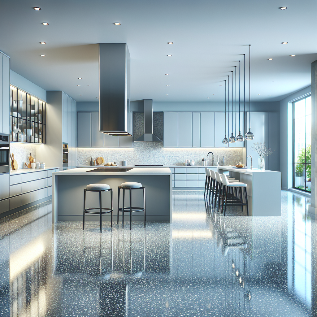 A modern kitchen featuring a glossy gray epoxy floor, stainless steel appliances, and natural light.