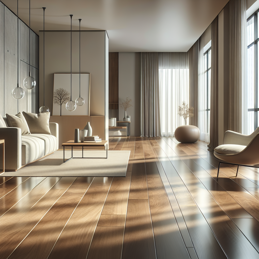 A modern living room with E Z Floors, showcasing a sleek and polished interior.