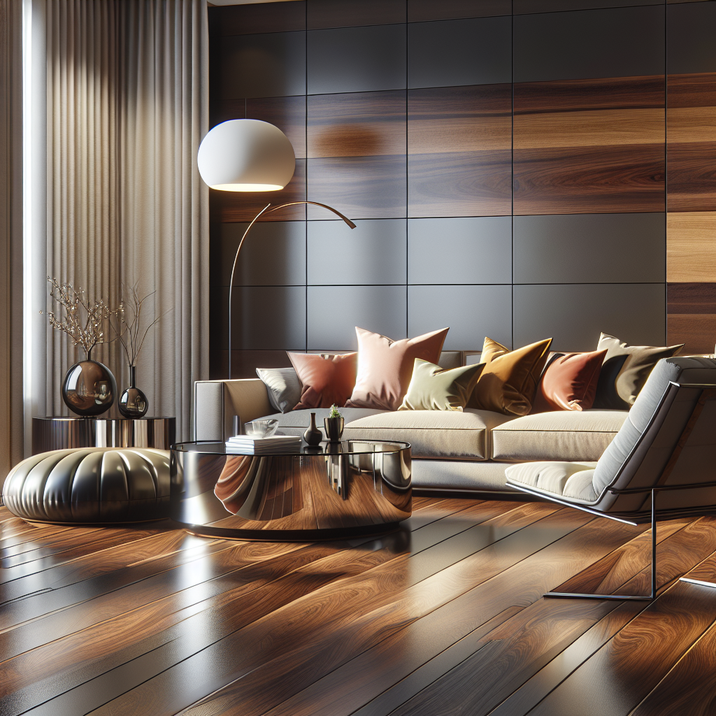 A modern living room with E Z Floors, featuring dark wood-like laminate flooring and cozy furniture.
