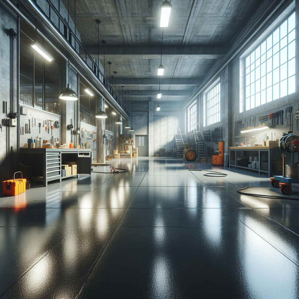 An industrial workshop with a glossy epoxy floor, tools, and safety equipment.