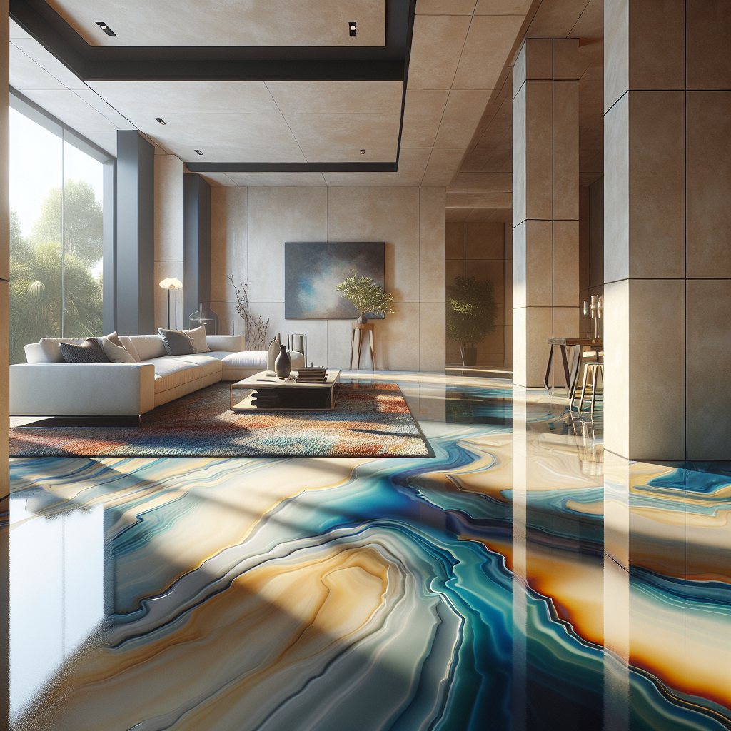 Interior of a modern home showcasing stunning epoxy floors in blue and gray tones with contemporary furniture.