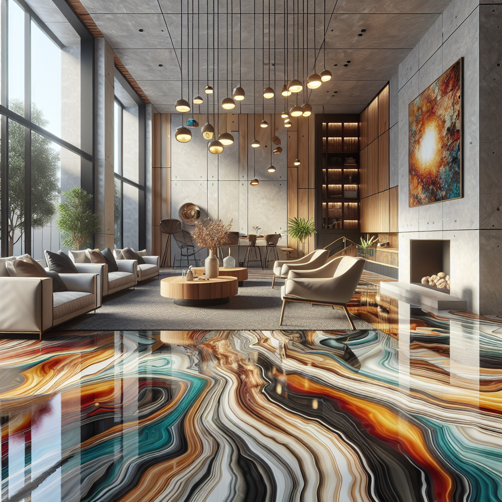 A modern interior with elegant epoxy floors showcasing vibrant colors and patterns.