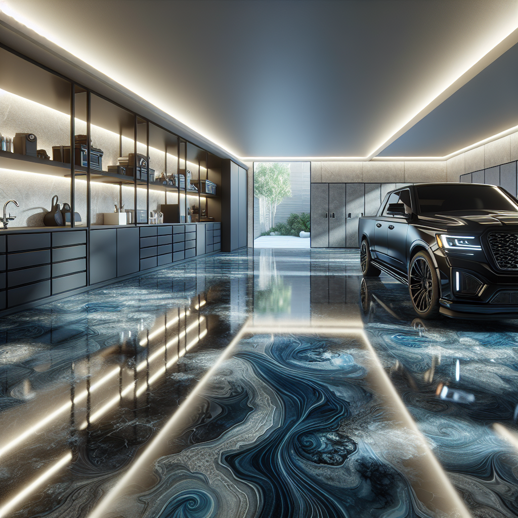 A modern garage with a glossy blue and gray marbled epoxy floor and a black car.