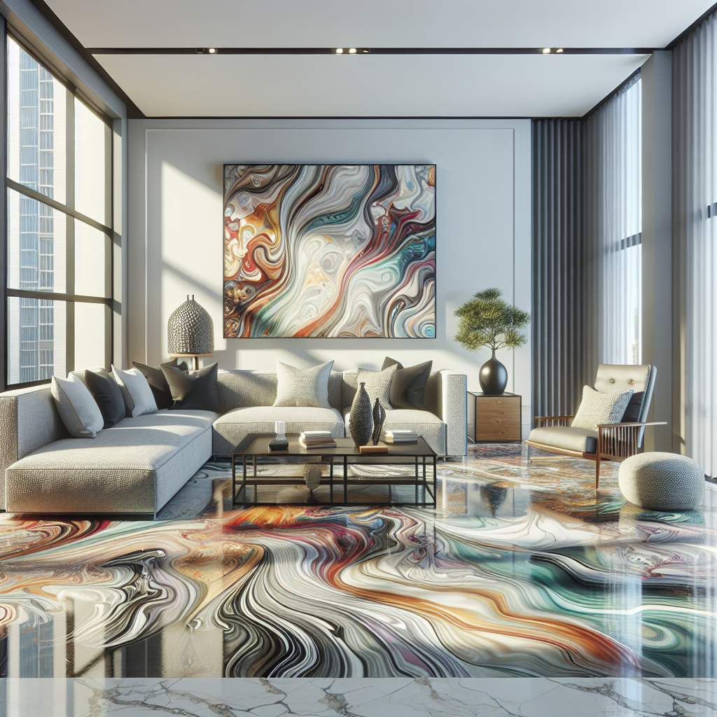 A modern living room showcasing vibrant epoxy floors with sleek furniture and large windows.