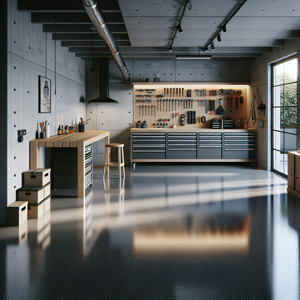 A modern garage interior showcasing a durable epoxy floor.