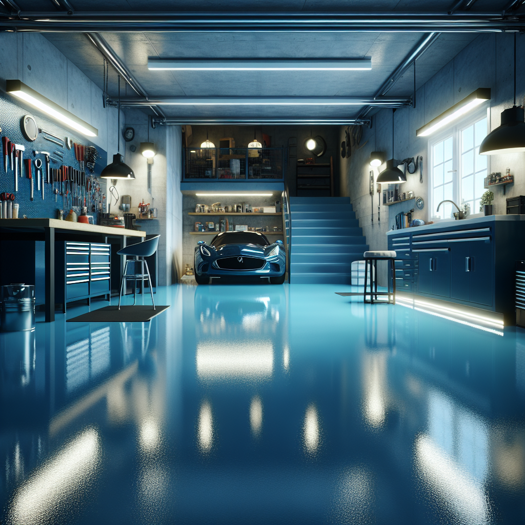A modern garage with glossy blue epoxy flooring and organized tools.