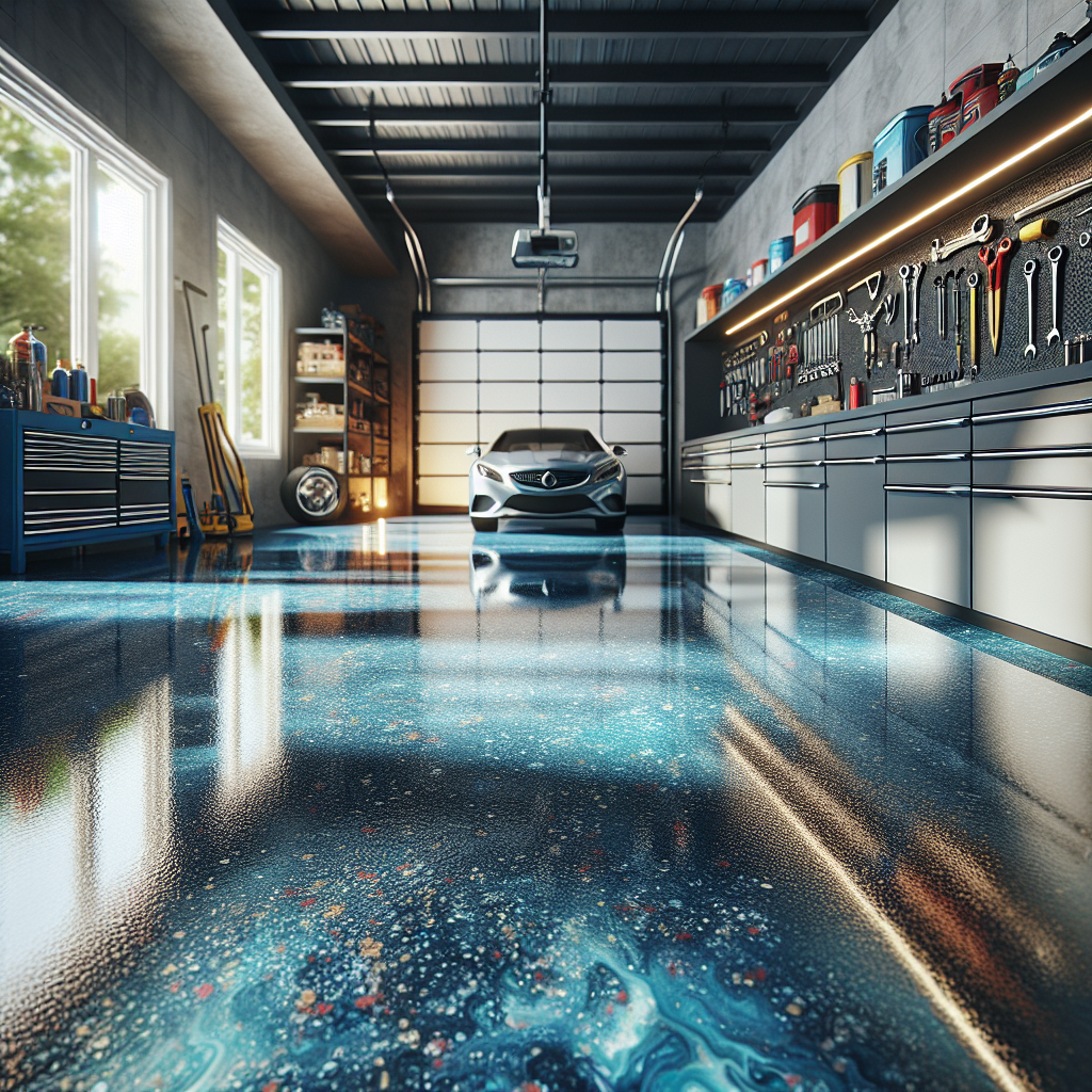 A modern garage showcasing a shiny epoxy floor with tools and car accessories.