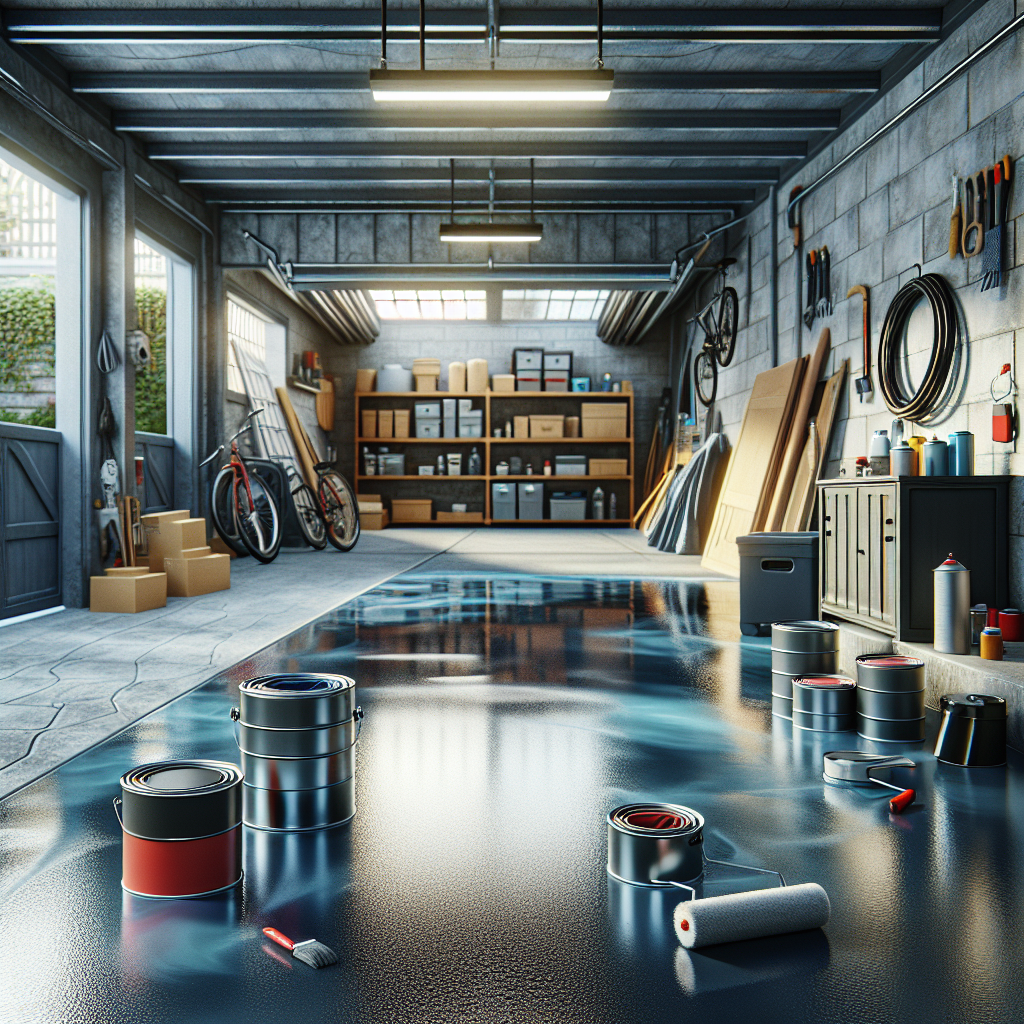 A garage floor coated with shiny blue and gray epoxy, with tools and storage in the background.