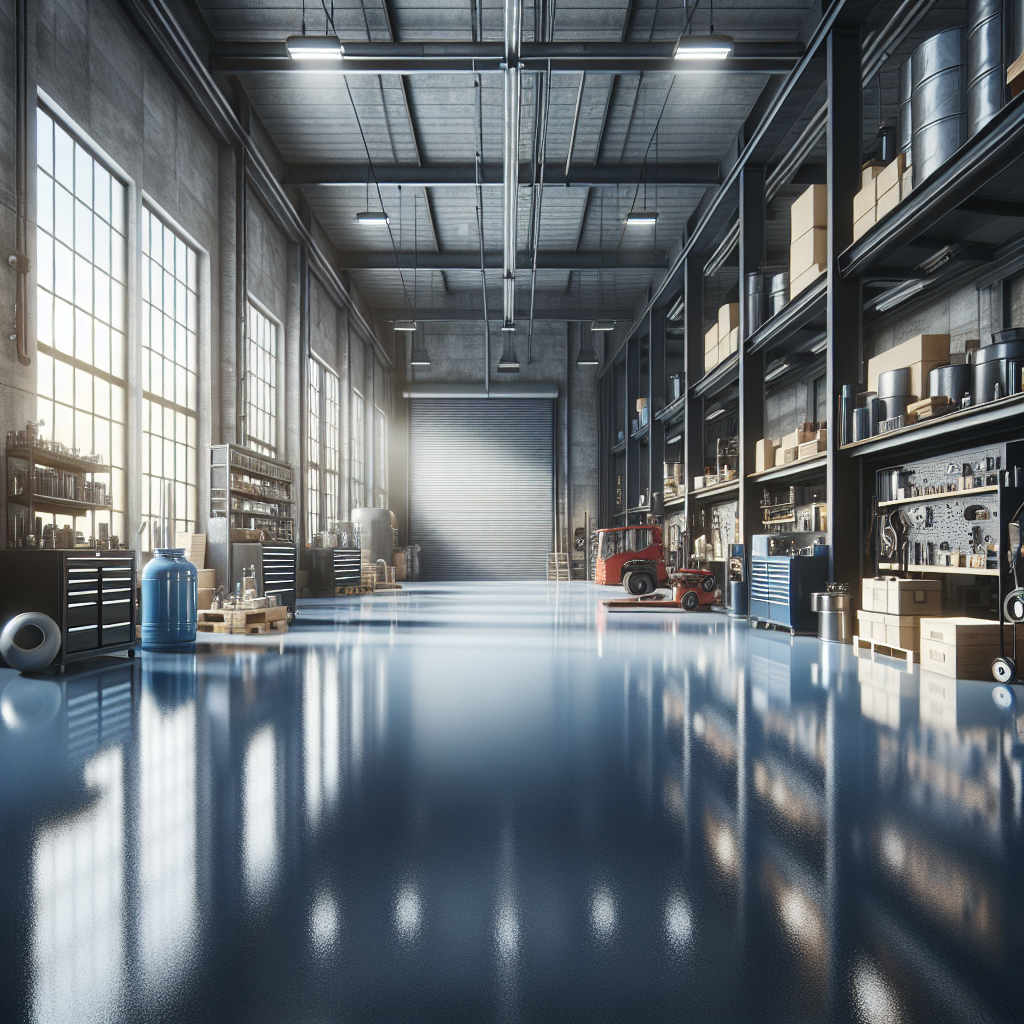 A modern industrial space with a shiny blue and grey epoxy floor.